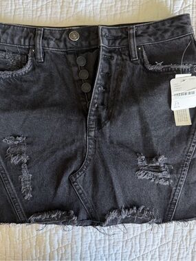 We The Free Washed Black Distressed High-Rise Denim Mini Skirt
